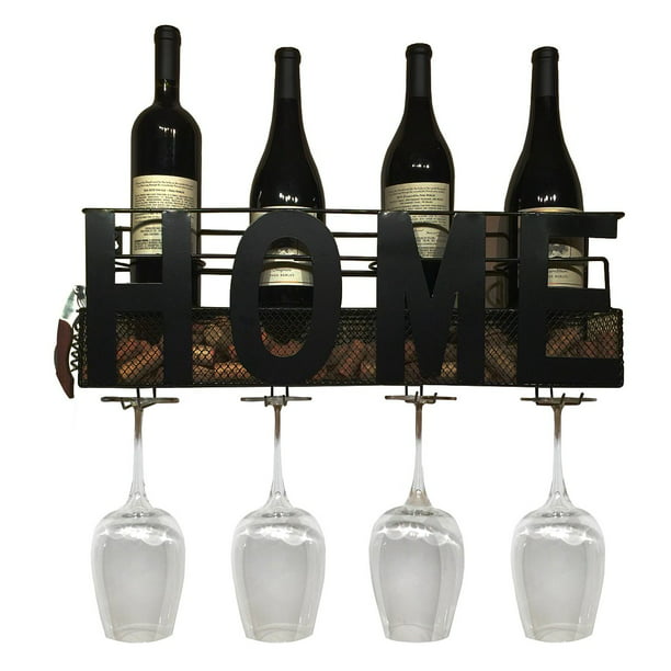 Home Wall Mounted Hanging Wine Rack Cork Holder For 4 Bottles And Glasses Com - Wall Mounted Wine Cork Holder