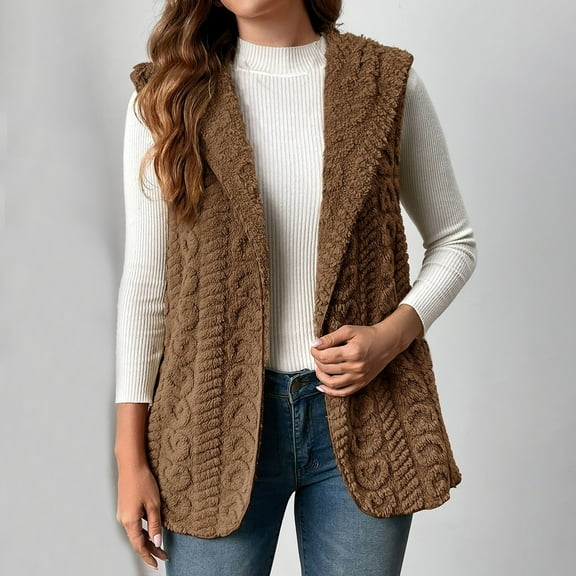 Roncen Solid Fleece Vest Winter Coats for Women - Double-Sided Plush Hooded Cardigan Style - Cozy Warm Winter Outerwear with Front Pockets