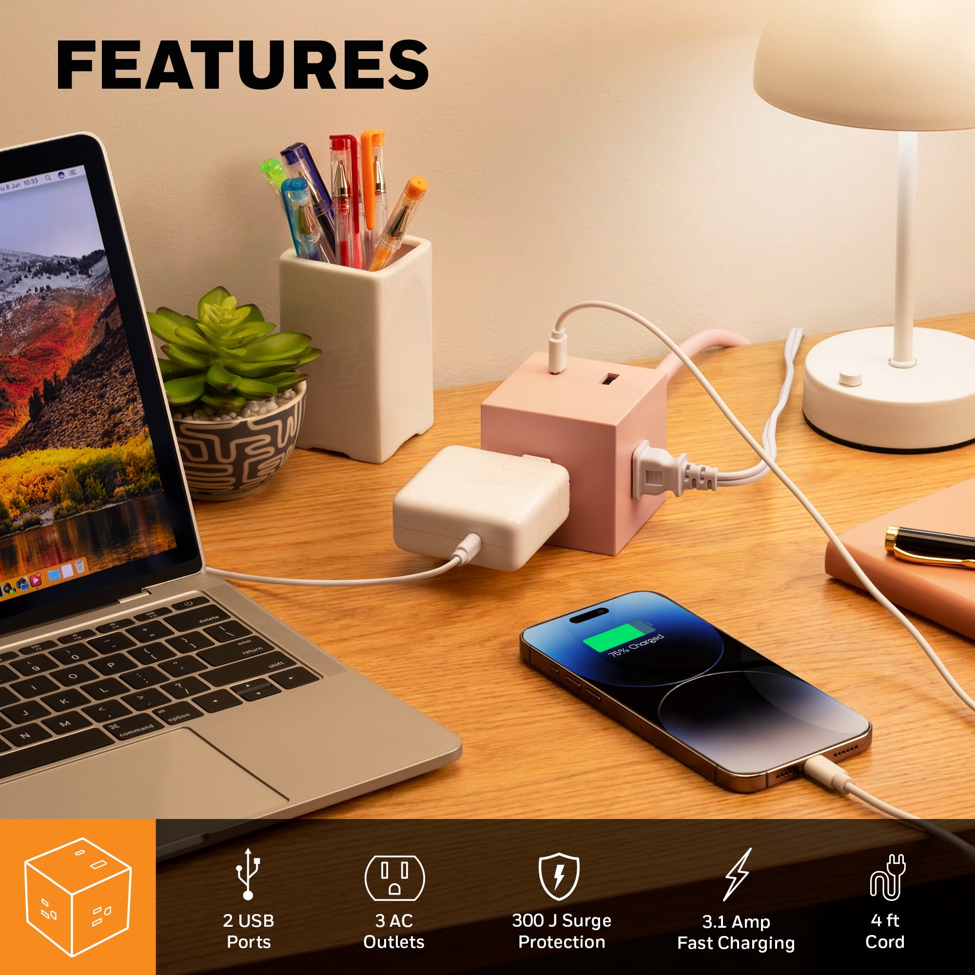 Honeywell Power Cube, 3 Outlets + USB-C & USB-A, 4 ft Cord, Flat Plug, Pink