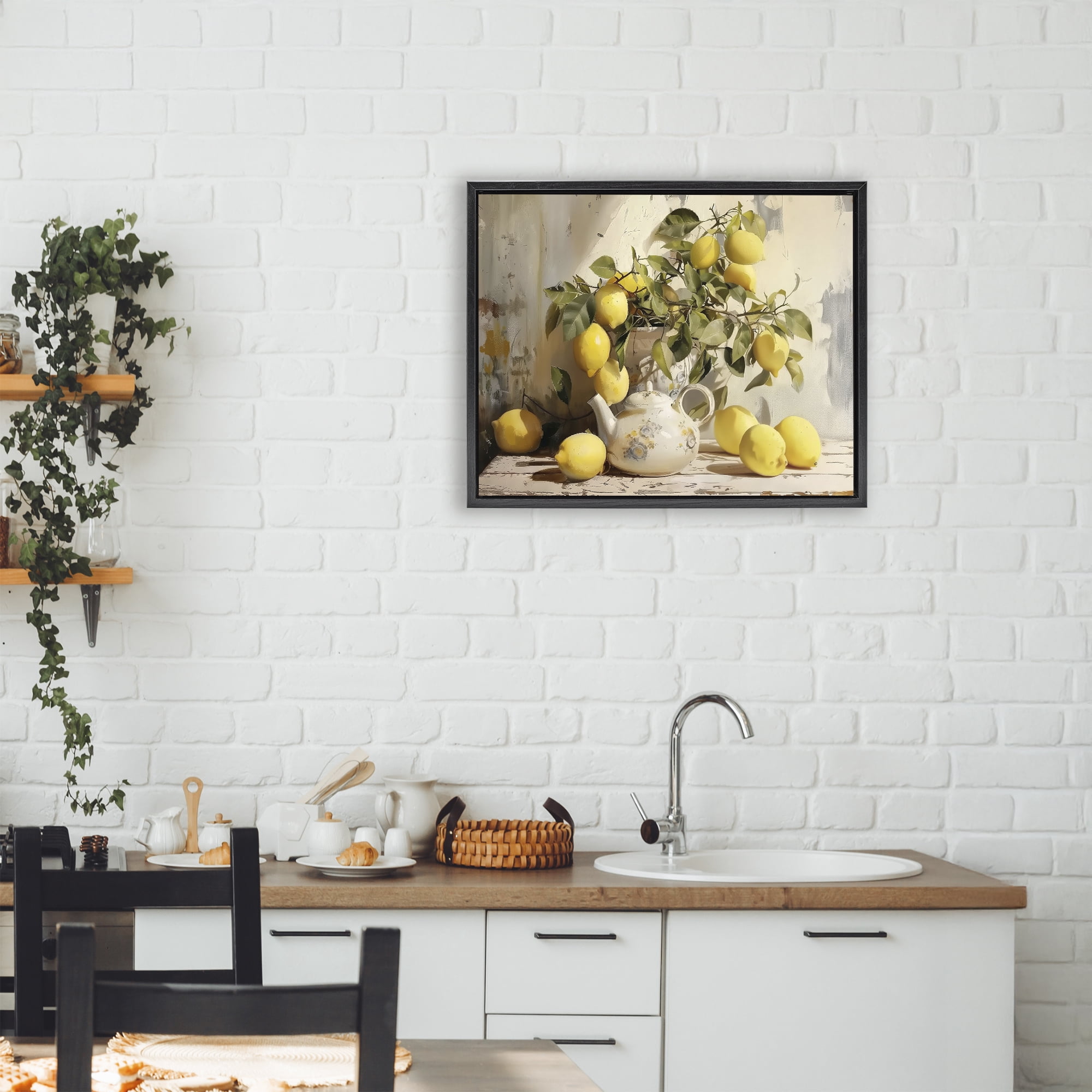 Stupell Industries Lemon Still Life with Teapot Black Framed Floater Canvas Wall Art, design by LSR Design Studio