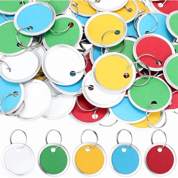 1set 50Pcs 5 Colors Writable Key Tags Round Aluminum Tags Colorful Metal Blank 1.22" Double Sided Paper Keyring Keychain Tags with Iron Ring for DIY ID Label Car Keys Backpack Luggage Accessories