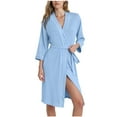 thumbnail image 3 of Feancey Cozy Robes for Women 3/4 Sleeve Open Front Bathrobe Knee Length Casual Belted Shower Robe Milk Silk Soft Pajama Nightgowns Light Blue L, 3 of 7