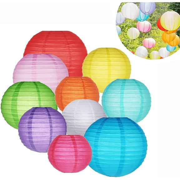 Trianu Paper Lanterns Set of 16, Colorful Paper Lantern, Colorful Chinese Round Lantern for Weddings, Baby Shower, Parties, Celebrations, Patios Decor (Size of 4”, 6”, 8”, 10”)
