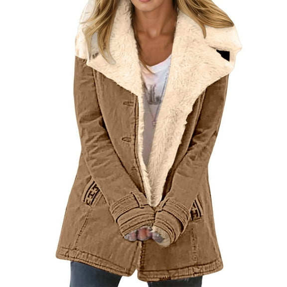 Womens Winter Coat Jackets Lapel Collar Warm Plush Padded Jacket Lined Pockets Buttons Overcoat Outwear