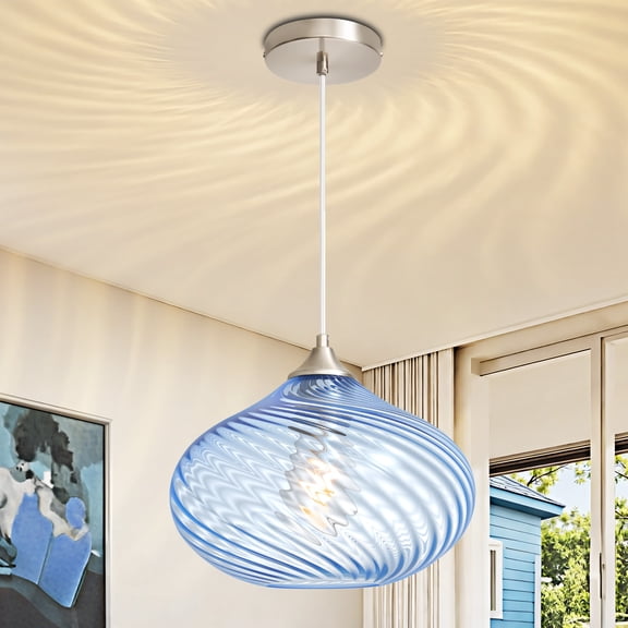 Deyidn 11 inch Modern Adjustable Nickel Pendant Light with Blue Striped Shade - Kitchen Island Lighting for Dining Room, Bedroom & Entryway