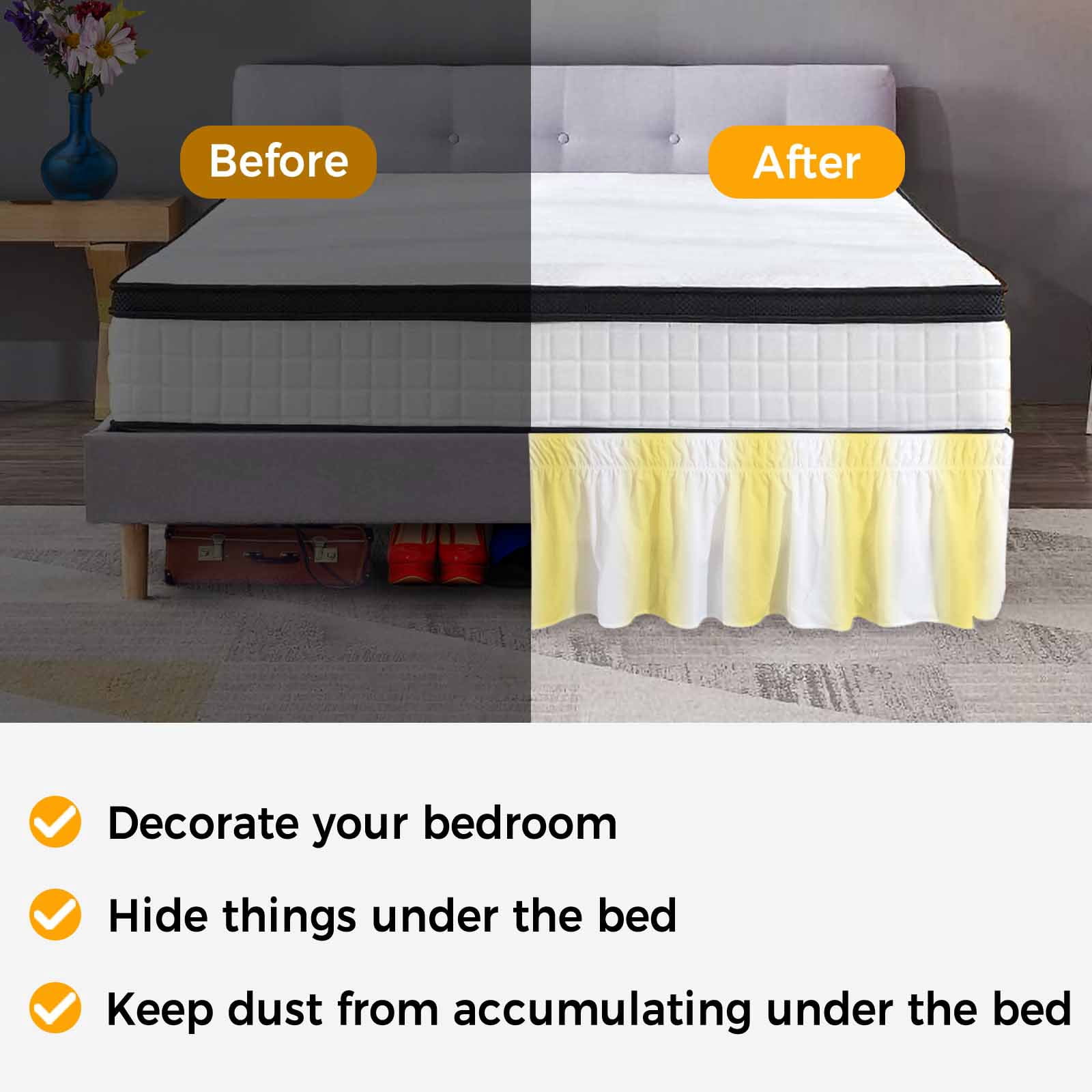 Lemon Yellow White Bed Skirt Queen Size, Gradient Vertical Stripes Geometric Wrap Around Bed Skirting with Adjustable Elastic Strap, Dust Ruffle Pleated Bedskirts 16 Inch Drop for Bedroom Queen Beds