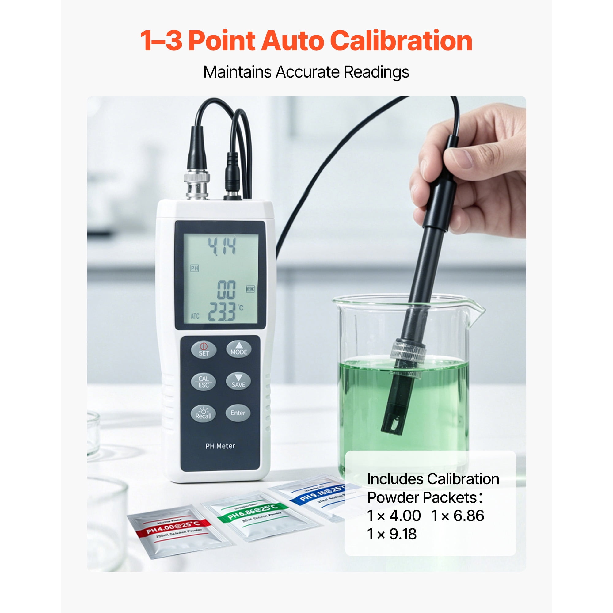 KFFKFF Portable pH Meter with 0-14 pH Range, Waterproof IP68 Probe, 3-Point Auto Calibration, Tester Kit Including Calibration Powder, Temperature Probe, and Carrying Case for Water Quality