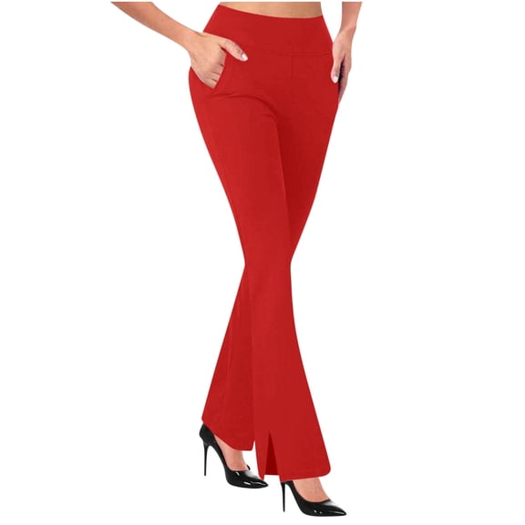 Ltctricy Yoga Pants for Women Business Casual High Waisted Pull on Split Hem Bell Bottom Dress Work Pants Workout Flare Leggings(Red,X-Large)