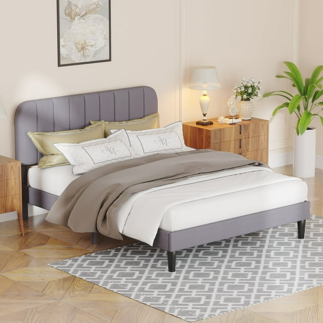 VECELO Full Size Bed Frame with Upholstered Adjustable Headboard, Wooden Slats Support/No Box Spring Needed, Dark Gray