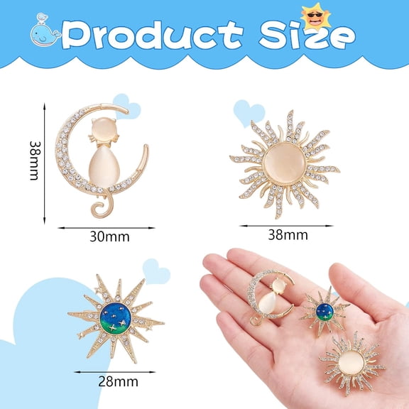 4 Pcs Sun Brooches for Women Moon with Cat Zircon Brooch Pins Elegant Rhinestones Brooch Pin Jewelry Gift for Clothes Suits Jacket Backpack