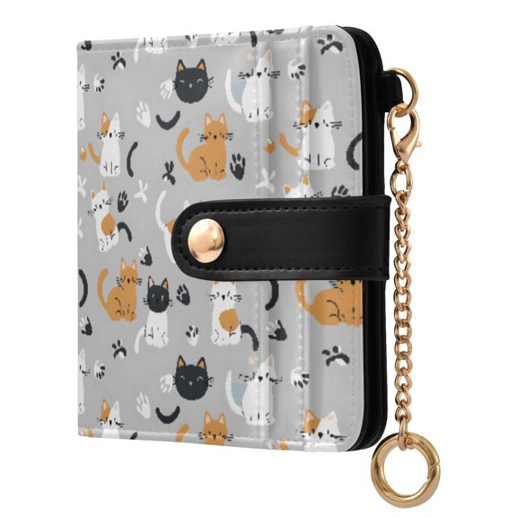 Cat and Gray Background Small Wallet for Women RFID Blocking Bifold PU Leather Credit Card Holder with Zipper Coin Pocket Compact Cute Travel Purse Magnetic Snap 7 Card Slots