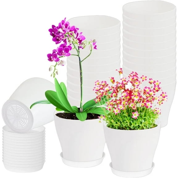 8Pack Plastic Planters with Drainage Hole and Tray,Modern Flower Pot,White Seedling Pots,Indoor Succulent Plants Container,Thickened Nursery Pots,for House Outdoor Plants 4.8inch