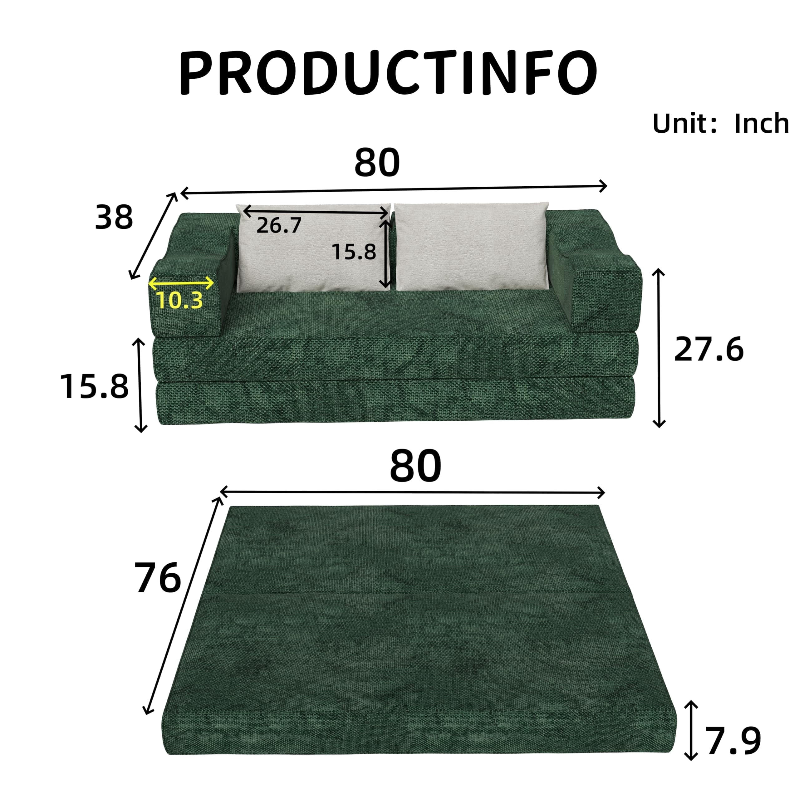 CAPCAEK 80" Convertible Sofa Bed, Chenille Foldable Sleeper Loveseat with Memory Foam and 2 Pillows, Green