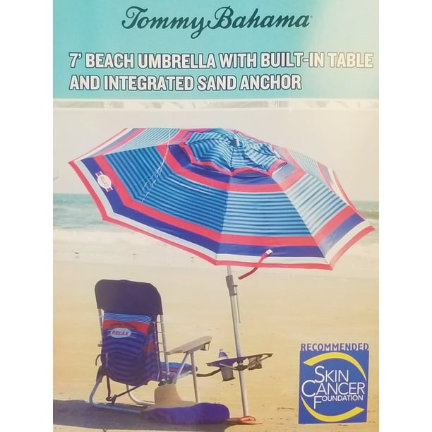 Tommy Bahama 7' Red / Blue Beach Umbrella With Built In Table And Integrated Sand Anchor