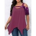 thumbnail image 2 of Anbech Beaded Cut Out Women Plus Blouse Cold Shoulder Short Sleeved Top Irregular Hem Blouse Female Swing Shirt, 2 of 5