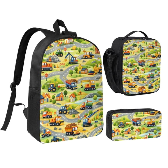 Cartoon Work Trucks Backpack Set 3pc Including Backpack, Lunch Bag and Pen Bag Combination