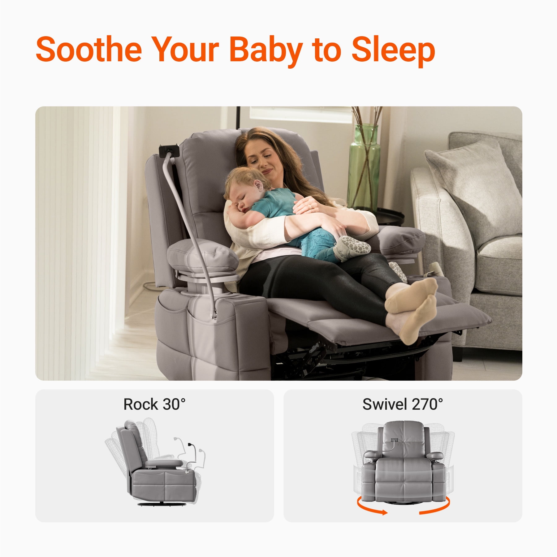MAMAZING Nursery Rocking Chair Swivel Glider Oversized Recliner with Pockets Electric Power Baby Nursing Chair Gray