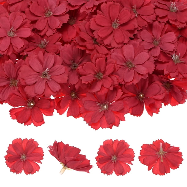 Uxcell 50 Paquete Cabezas de Flores Artificiales Cabeza de Ciruelo de Seda Falsa Roja