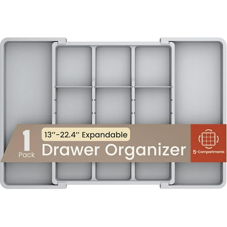 Gray Expandable Utensil Drawer Organizer 1 Pack  Adjustable 13” to 22.4”  5 Compartment Silverware Organizer for Kitchen Utensils  Spatulas  Cutlery  and Tools  Easy to Clean  Durable  and BPA-Free
