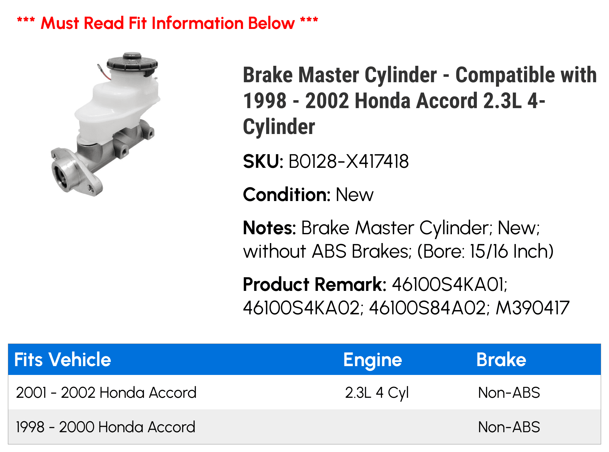 Brake Master Cylinder - Compatible with 1998 - 2002 Honda Accord 2.3L 4-Cylinder - Replacement
