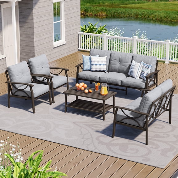 May in color Outdoor Patio Furniture Set for 7, 5 Piece Patio Conversation Set with Coffee Table, Metal Furniture Set for Porch Backyard Garden, Grey