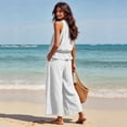 thumbnail image 5 of Women's Linen 2 Piece Outfits Summer Loungewear Sleeveless Ruffle Top Wide Leg Pants Beach Travel Sets, 5 of 6