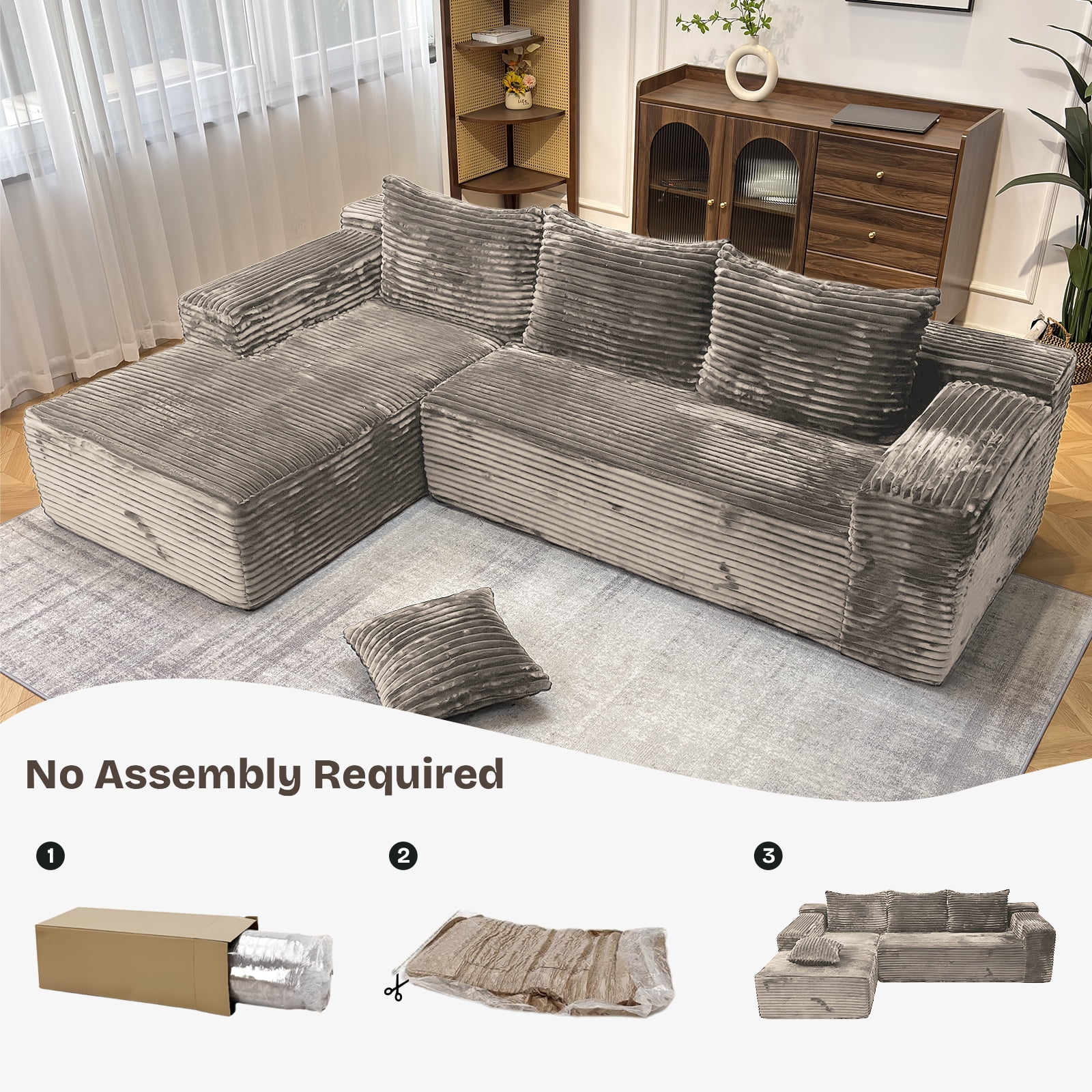 Kelyda 104'' Modular L-Shaped Sectional Sofa, Modern Memory Foam Deep Seat Corduroy Boneless Cloud Couch Coffee
