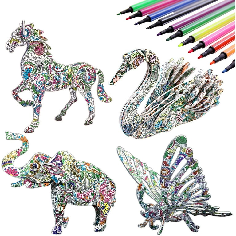 3D Coloring Puzzle Set,4 Animals Puzzles with 12 Pen Markers, Art Coloring  Painting 3D Puzzle for Kids Age 7 8 9 10 11 12. Fun Creative DIY Toys Gift  for Girls and Boy 