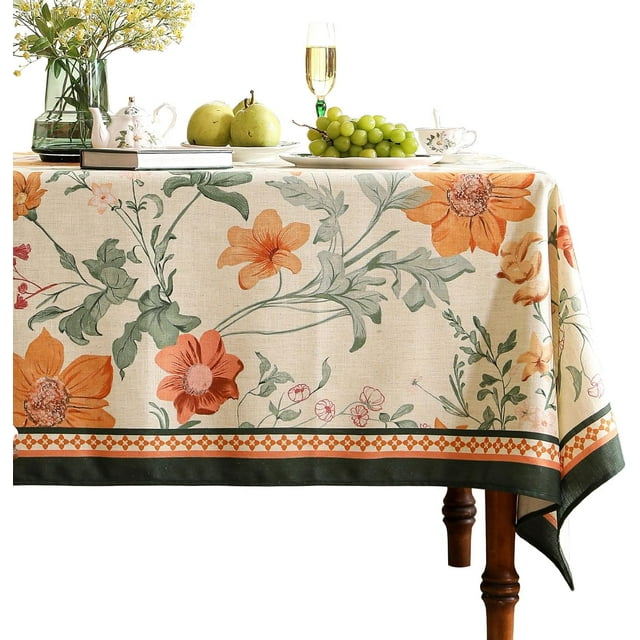 French Long Tablecloth for Rectangle Table,Linen Orange Floral Wrinkle Resistant Tablecloths,Decor Table Cover for Kitchen,Dining,Tea Party,Thanksgiving,Christmas,63"*102"-Milch