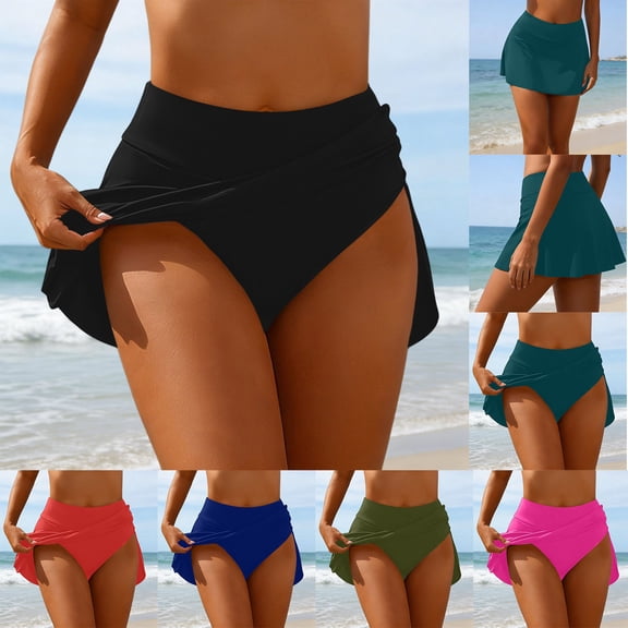 Feancey Swim Skirts with Briefs for Women Stretchy High Waist Mini Skirt Solid Color Casual Beach Short Skirt Pants Lightweight Comfort Athletic Skorts Blue L