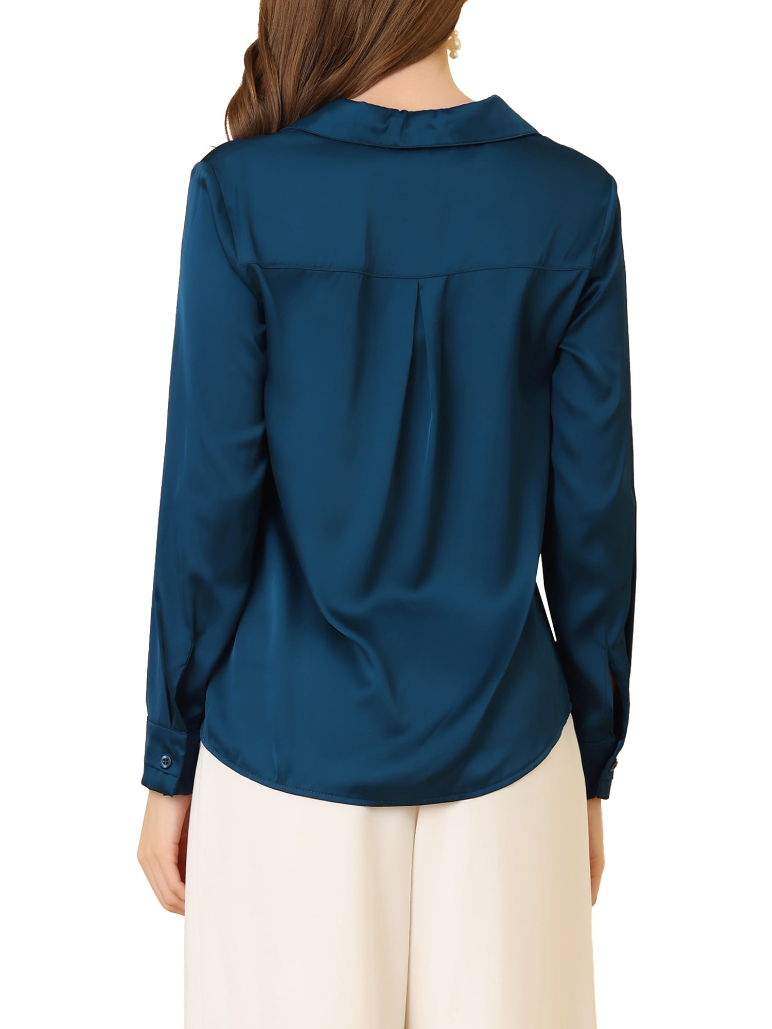 DARING DIVA Women's V Neck Classic Work Office Long Sleeve Shirt S Deep Blue