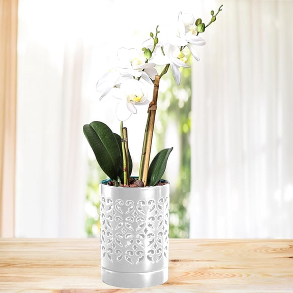 FENGGHAO Ceramic Orchid Pots with Drainage Holes and Saucer 4 Inch Breathable Planter for Indoor Outdoor Circulation White