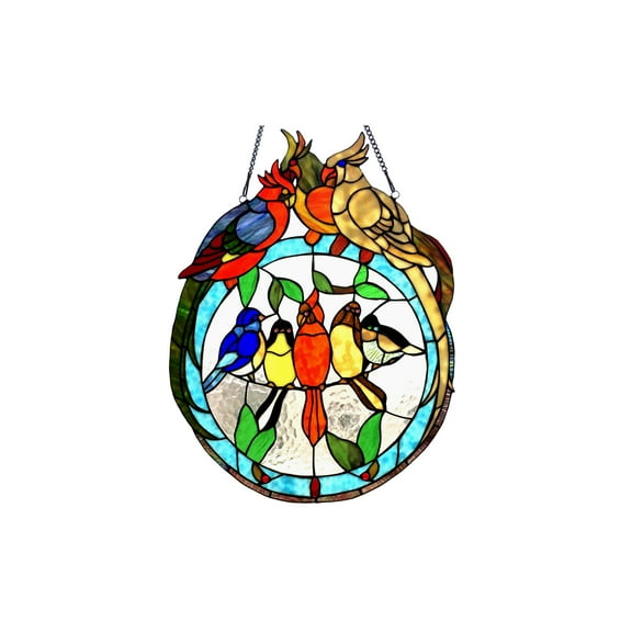 RADIANCE Goods Tiffany-Glass Featuring Birds Resting on Wire Window Panel 19x25