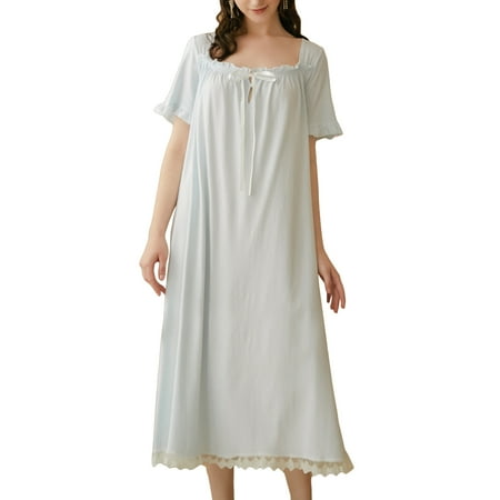 

Lu s Chic Women s Victorian Nightgown Princess Cotton Sleepwear Short Sleeve Long Loungewear Vintage Summer Loose Ruffle Nightwear Pajama Pj Night Sleep Dress Gown Blue Small
