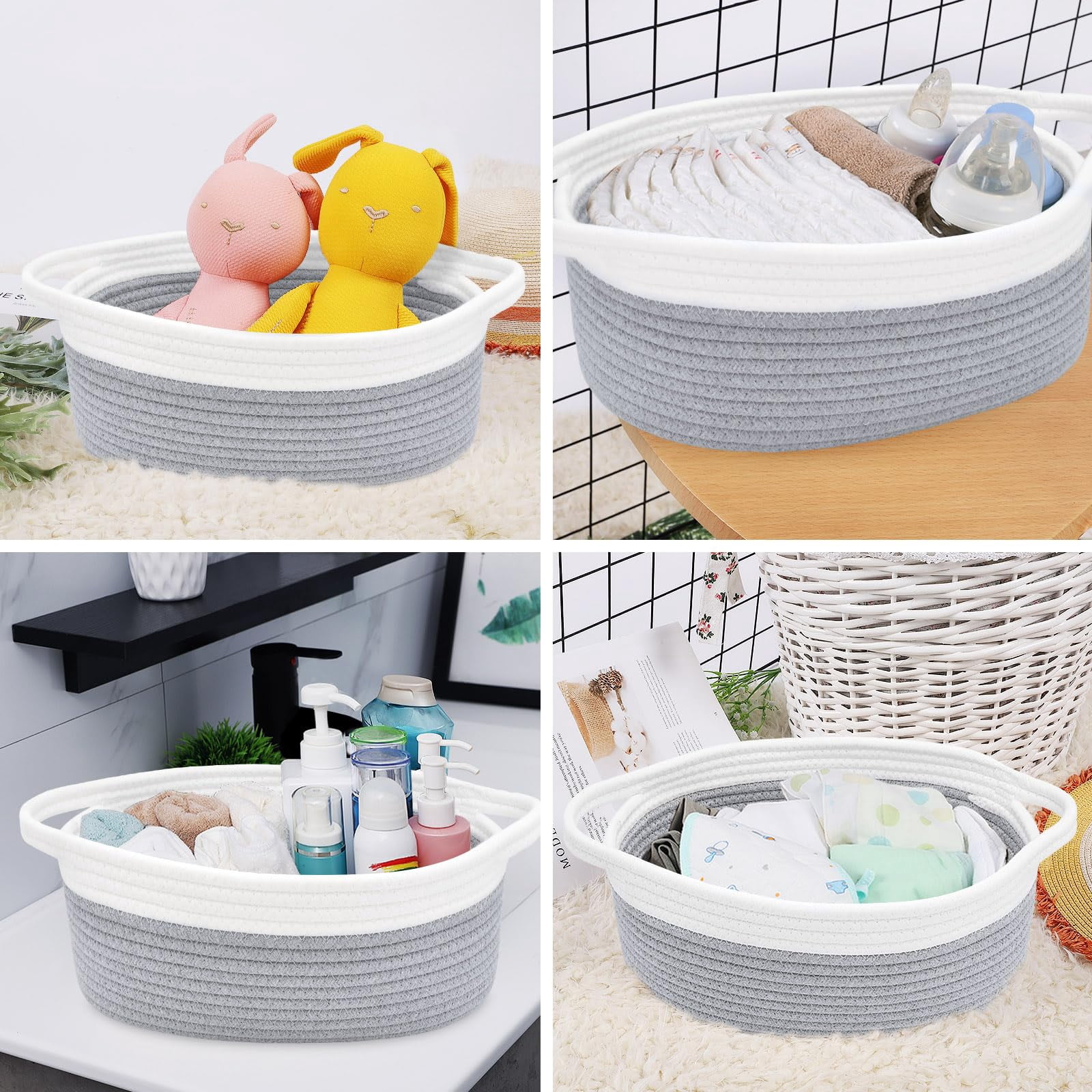 Small Basket with Handles, Boho Decorative Rope Woven Storage Bin Organizer, Pet Toy Storage, Easter and Holiday Gift Basket, 12"x8"x5", White
