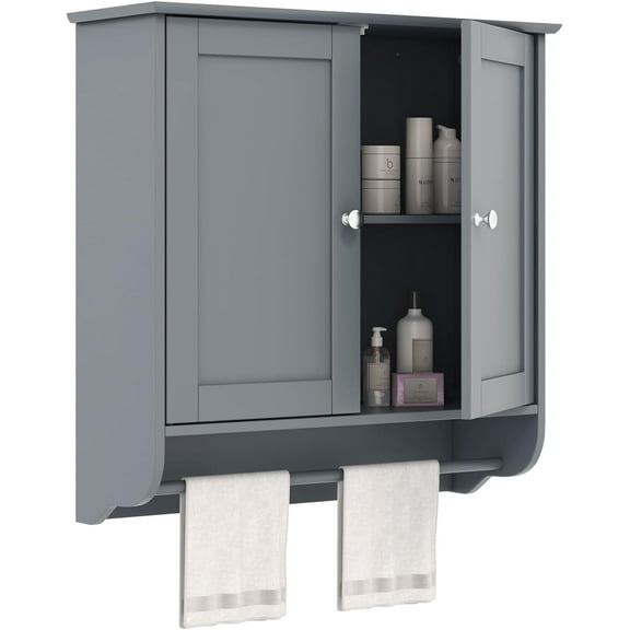 ZYPPP Bathroom Cabinet Wall Mounted - Over The Toilet Medicine Cabinet with Double Doors, Adjustable Shelf and Towels Bar, Above Toilet Storage Cabinet for Bedroom Kitchen Wall Cabinet (Gray)