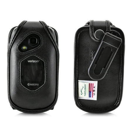 Verizon Housing - Kyocera DuraXV LTE Verizon Flip Phone FITTED CASE, Turtleback Black Leather Fitted Case with Ratcheting, Removable Belt Clip Holster FITS ONLY Kyocera DuraXV LTE E4610 Mil Spec 810G PTT