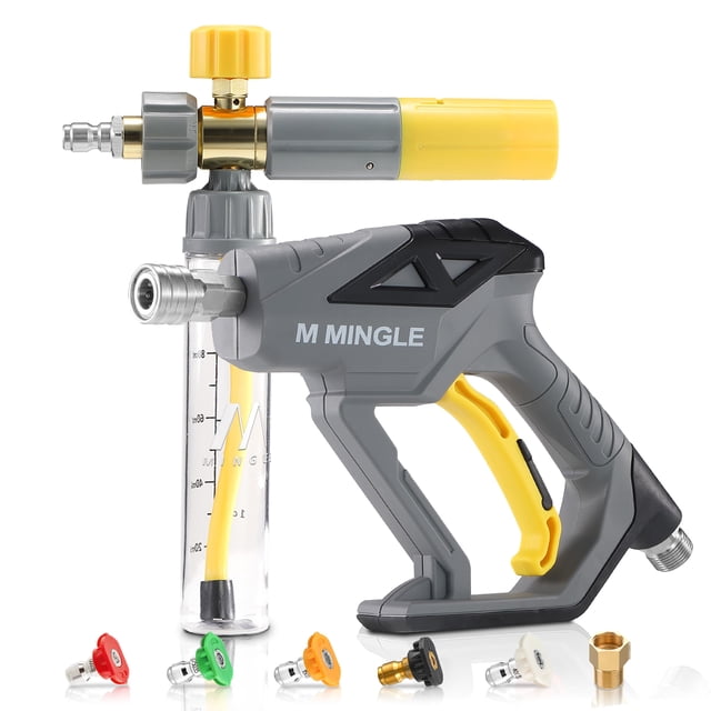M MINGLE Cañón de espuma concentrado con pistola de lavado a presión, cañón de jabón mini listo para usar con 5 puntas de boquilla, co