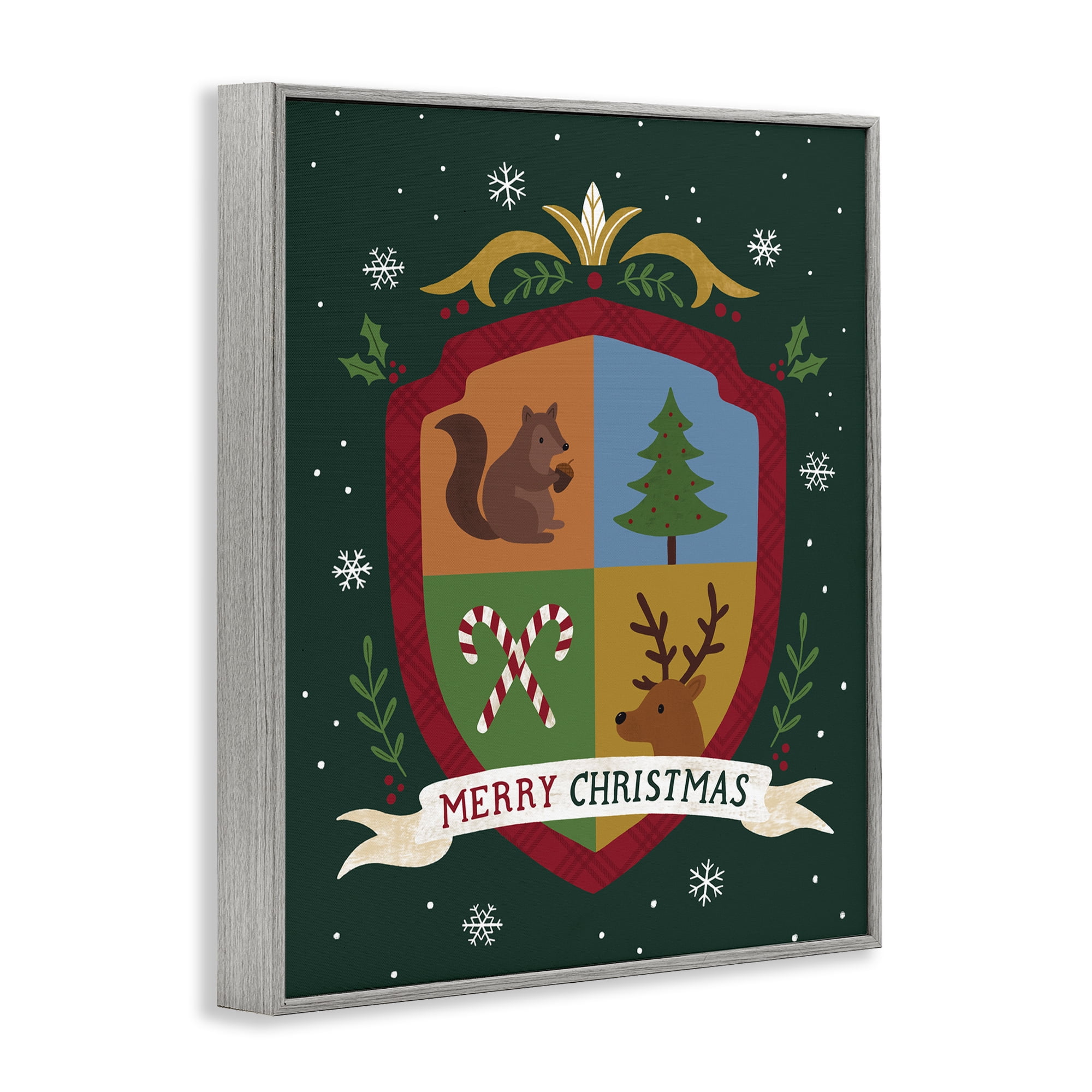 Stupell Industries Merry Christmas Woodland Crest Holiday Painting Gray Framed Art Prints Wall Art, 16 x 20