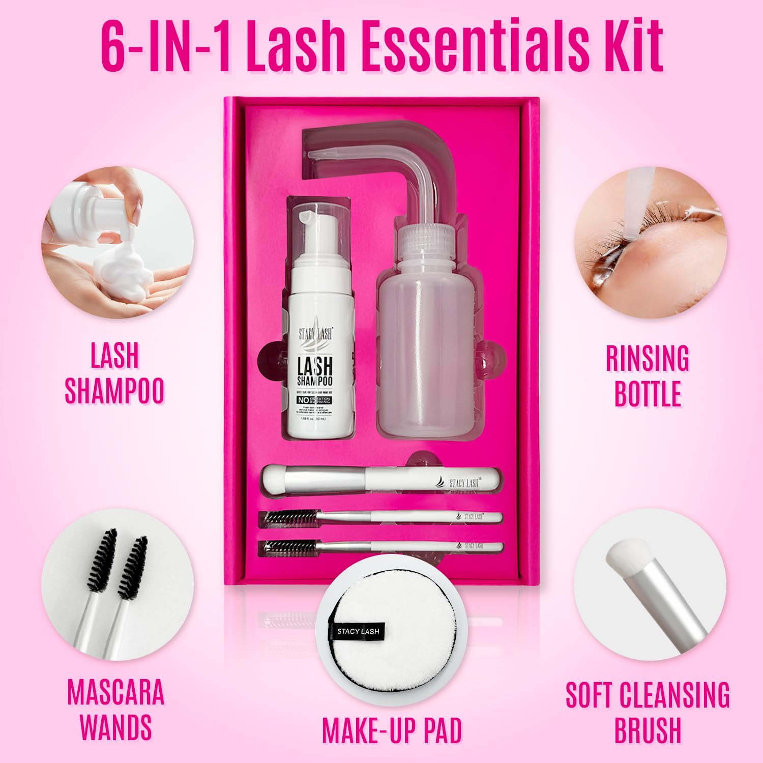 STACY LASH Lash Shampoo Kit Foaming Cleanser Eyelash Grooming Kit Includes Eye Lash Spoolies, Rinse Bottle, Cleansing Pad