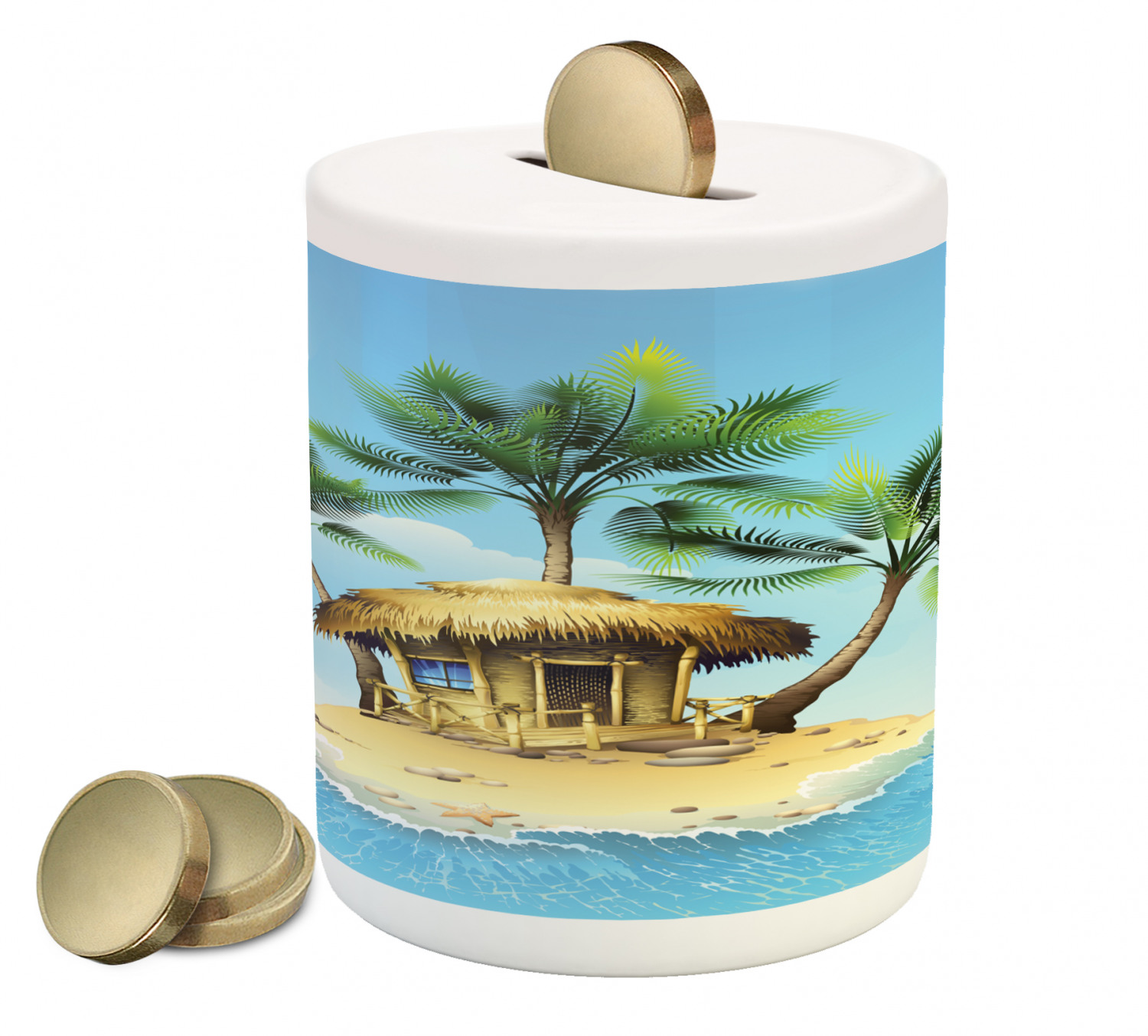 Tropical Piggy Bank, Tropical Wooden Bungalow 3 Palm Trees in a Small ...