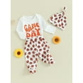 thumbnail image 3 of Wassery Baby Girls Boys Fall Outfits Clothes 3M 6M 9M 12M 18M Infant Long Sleeve Letter Print Romper Rugby Print Pants Hat 3Pcs Autumn Clothing for Newborn Girls Boys, 3 of 8