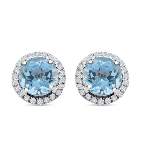 Iliana AAA Blue Aquamarine White Diamond Round 18K White Gold Stud Solitaire Earrings for Women Jewelry Ct 1.39 G-H Color Si1 Clarity Birthday Gifts for Women