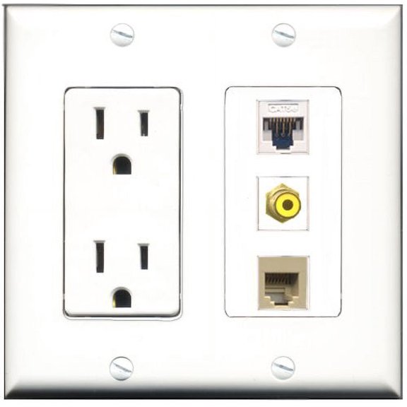 RiteAV - 15 Amp Power Outlet 1 Port RCA Yellow 1 Port Phone Beige 1 Port Cat5e Ethernet White Decorative Wall Plate