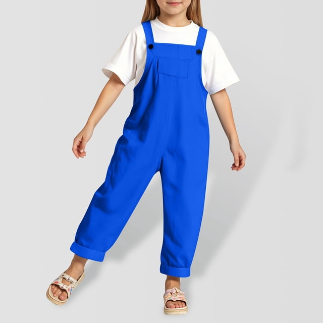 WENXIAOO Toddler Girls Jumpsuits Rompers Back to School Romper Blue Rompers with Pockets Spring Summer Romper Girls Overalls 3-4 Years