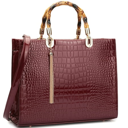 - Wooden Handle Croco Material Satchel Bag