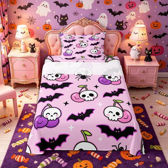 Manfei Halloween Kawaii Skull Cherry Twin Sheets 3pcs, Cute Spider Bat Bedding, Pink Purple Black,1 Fitted Sheet, 1 Flat Sheet and 1 Pillowcase