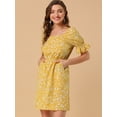 thumbnail image 2 of Vestido Floral Por Encima De La Rodilla Con Cintura Elástica Y Cuello Cuadrado Con Mangas Abullonadas Para Mujer Amarillo XS, 2 of 6