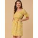 thumbnail image 2 of Vestido Floral Por Encima De La Rodilla Con Cintura Elástica Y Cuello Cuadrado Con Mangas Abullonadas Para Mujer Amarillo M, 2 of 6