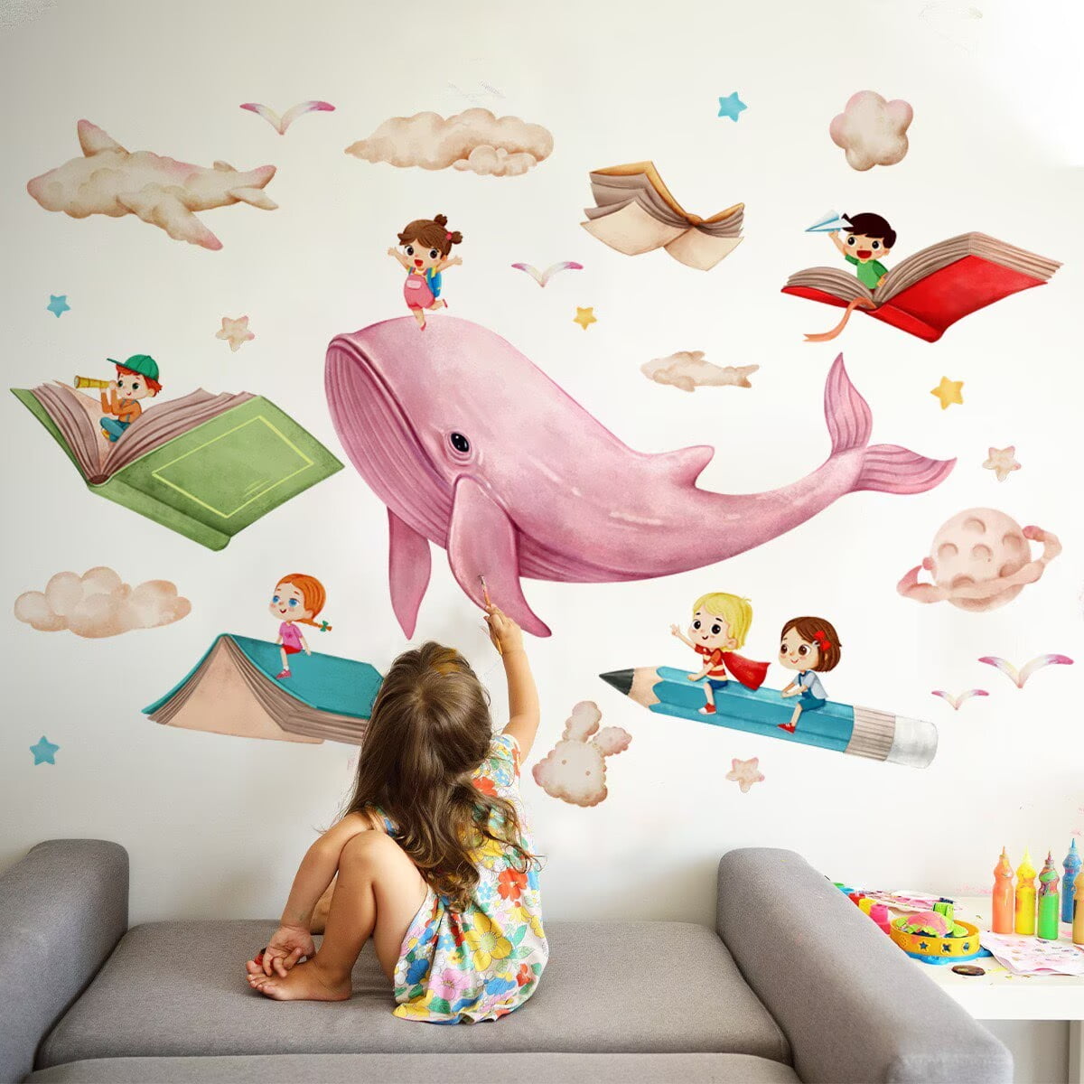 Large Cartoon Whale Read Books fish Wall Decals Wall Stickers Peel and Stick Removable Wall Stickers for Nursery Bedroom Living Room